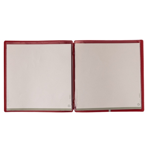 Porta Menu QUADRATO (23x23,1 cm) etichetta METAL "menu" 2 buste (4 facciate) elastico rosso JUTA BICOLOR