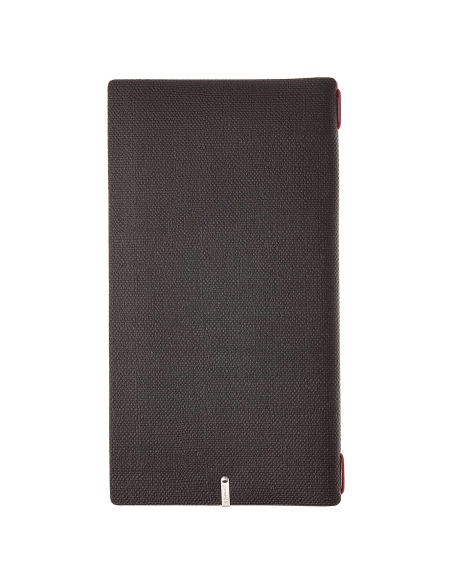 Porta Menu A4 SLIM (17,4x31,8 cm) etichetta METAL "personalizzata" (minimo 18 pezzi) 2 buste (4 facciate) elastico rosso JUTA BI