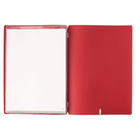 Porta Menu A4 (23,2x31,8 cm) etichetta METAL "personalizzata" (minimo 18 pezzi) 2 buste (4 facciate) elastico rosso JUTA BICOLOR