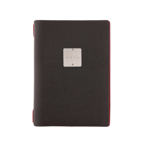 Porta Menu A5 (16,5x23,1 cm) etichetta METAL "personalizzata" (minimo 18 pezzi) 2 buste (4 facciate) elastico rosso JUTA BICOLOR