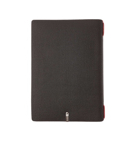 Porta Menu A5 (16,5x23,1 cm) etichetta METAL "personalizzata" (minimo 18 pezzi) 2 buste (4 facciate) elastico rosso JUTA BICOLOR