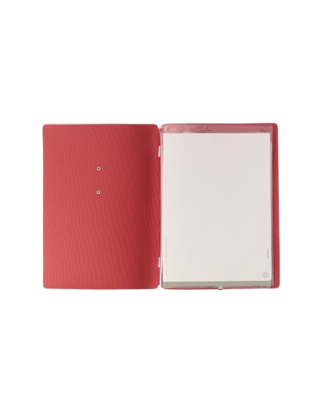 Porta Menu A5 (16,5x23,1 cm) etichetta METAL "personalizzata" (minimo 18 pezzi) 2 buste (4 facciate) elastico rosso JUTA BICOLOR