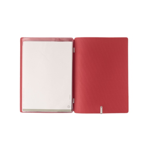 Porta Menu A5 (16,5x23,1 cm) etichetta METAL "personalizzata" (minimo 18 pezzi) 2 buste (4 facciate) elastico rosso JUTA BICOLOR