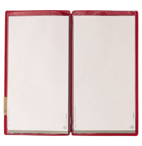 Porta Menu A4 SLIM (17,4x31,8 cm) etichetta PATCH "personalizzata" (minimo 18 pezzi) 2 buste (4 facciate) elastico rosso JUTA BI