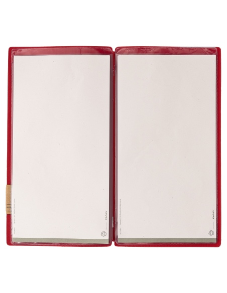 Porta Menu A4 SLIM (17,4x31,8 cm) etichetta PATCH "personalizzata" (minimo 18 pezzi) 2 buste (4 facciate) elastico rosso JUTA BI
