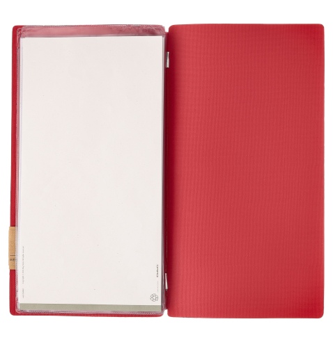 Porta Menu A4 SLIM (17,4x31,8 cm) etichetta PATCH "personalizzata" (minimo 18 pezzi) 2 buste (4 facciate) elastico rosso JUTA BI