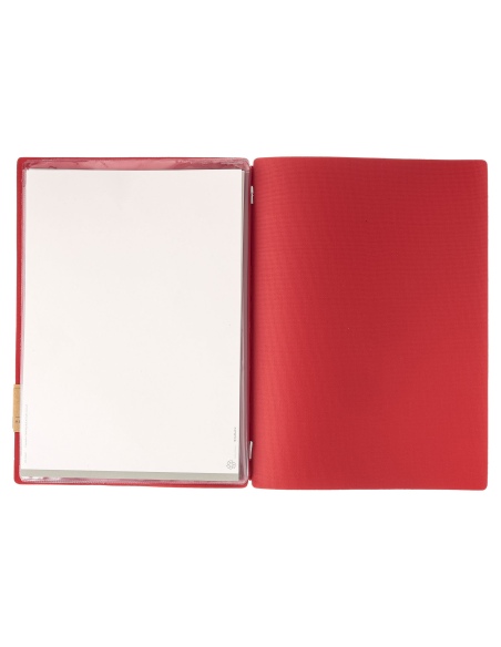 Porta Menu A4 (23,2x31,8 cm) etichetta PATCH "personalizzata" (minimo 18 pezzi) 2 buste (4 facciate) elastico rosso JUTA BICOLOR
