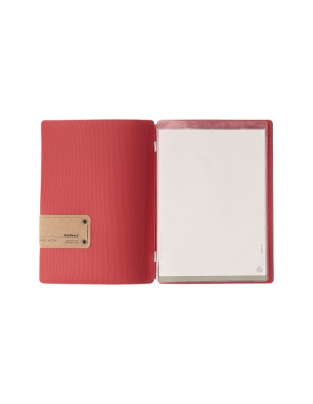 Porta Menu A5 (16,5x23,1 cm) etichetta PATCH "personalizzata" (minimo 18 pezzi) 2 buste (4 facciate) elastico rosso JUTA BICOLOR