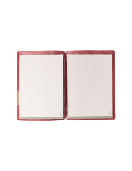 Porta Menu A5 (16,5x23,1 cm) etichetta PATCH "personalizzata" (minimo 18 pezzi) 2 buste (4 facciate) elastico rosso JUTA BICOLOR