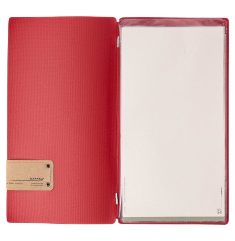 Porta Menu A4 SLIM (17,4x31,8 cm) etichetta PATCH "menu" 2 buste (4 facciate) elastico rosso JUTA BICOLOR