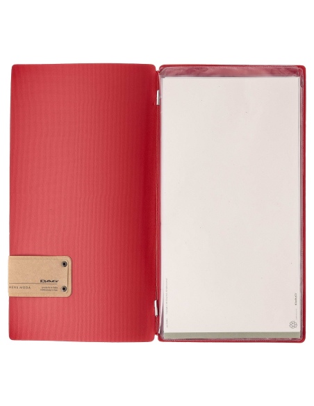 Porta Menu A4 SLIM (17,4x31,8 cm) etichetta PATCH "menu" 2 buste (4 facciate) elastico rosso JUTA BICOLOR
