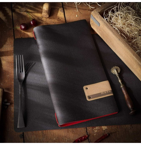 Porta Menu A4 SLIM (17,4x31,8 cm) etichetta PATCH "menu" 2 buste (4 facciate) elastico rosso JUTA BICOLOR