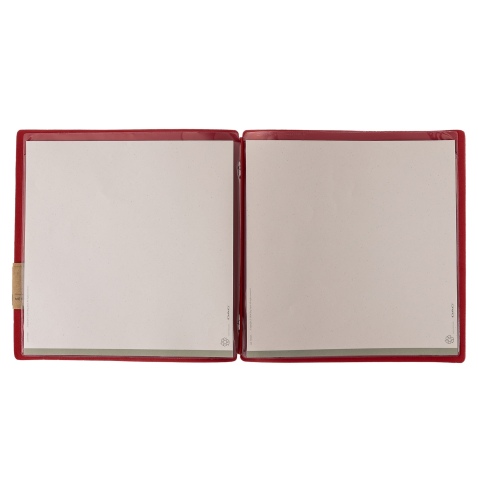 Porta Menu QUADRATO (23x23,1 cm) etichetta PATCH "menu" 2 buste (4 facciate) elastico rosso JUTA BICOLOR