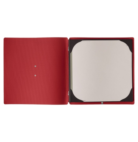 Porta Menu QUADRATO (23x23,1 cm) etichetta METAL "menu" solo elastico rosso JUTA BICOLOR