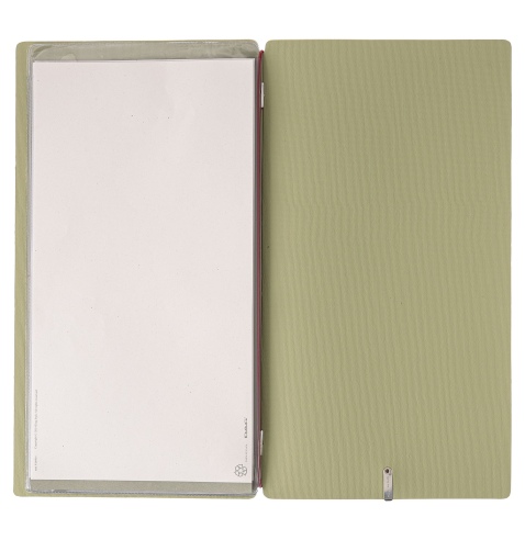 Porta Menu A4 SLIM (17,4x31,8 cm) etichetta METAL "menu" 2 buste (4 facciate) elastico rosso JUTA SALVIA
