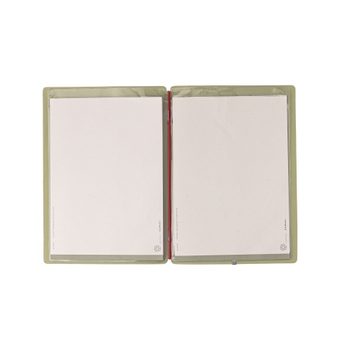 Porta Menu A5 (16,5x23,1 cm) etichetta METAL "menu" 2 buste (4 facciate) elastico rosso JUTA SALVIA