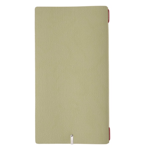 Porta Menu A4 SLIM (17,4x31,8 cm) etichetta METAL "personalizzata" (minimo 18 pezzi) 2 buste (4 facciate) elastico rosso JUTA SA
