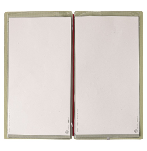 Porta Menu A4 SLIM (17,4x31,8 cm) etichetta METAL "personalizzata" (minimo 18 pezzi) 2 buste (4 facciate) elastico rosso JUTA SA