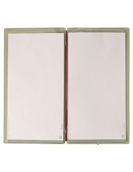 Porta Menu A4 SLIM (17,4x31,8 cm) etichetta METAL "personalizzata" (minimo 18 pezzi) 2 buste (4 facciate) elastico rosso JUTA SA