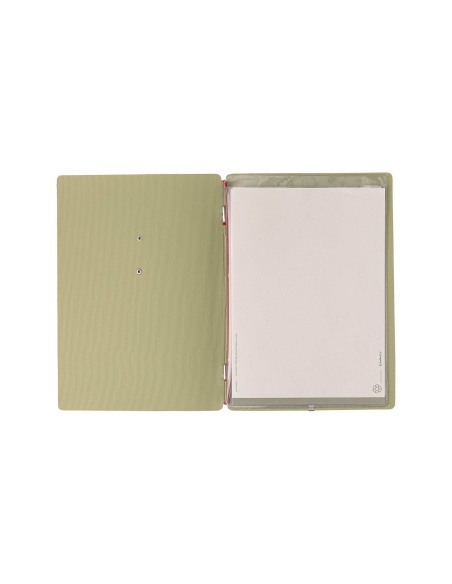 Porta Menu A5 (16,5x23,1 cm) etichetta METAL "personalizzata" (minimo 18 pezzi) 2 buste (4 facciate) elastico rosso JUTA SALVIA