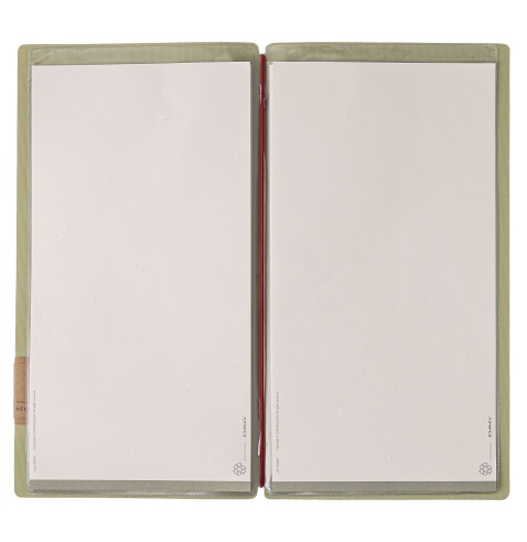 Porta Menu A4 SLIM (17,4x31,8 cm) etichetta PATCH "personalizzata" (minimo 18 pezzi) 2 buste (4 facciate) elastico rosso JUTA SA