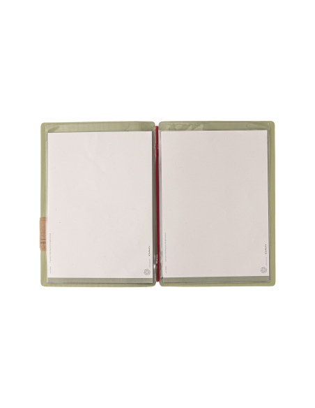 Porta Menu A5 (16,5x23,1 cm) etichetta PATCH "personalizzata" (minimo 18 pezzi) 2 buste (4 facciate) elastico rosso JUTA SALVIA