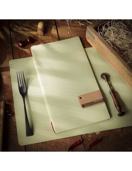 Porta Menu A4 SLIM (17,4x31,8 cm) etichetta PATCH "menu" 2 buste (4 facciate) elastico rosso JUTA SALVIA