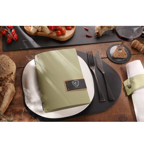 Porta Menu A5 (16,5x23,1 cm) etichetta PATCH "personalizzata" (minimo 18 pezzi) 2 buste (4 facciate) elastico nero CHEF SALVIA