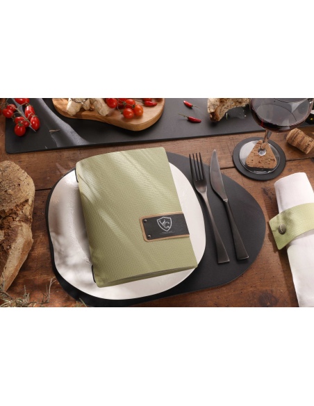 Porta Menu A5 (16,5x23,1 cm) etichetta PATCH "personalizzata" (minimo 18 pezzi) 2 buste (4 facciate) elastico nero CHEF SALVIA