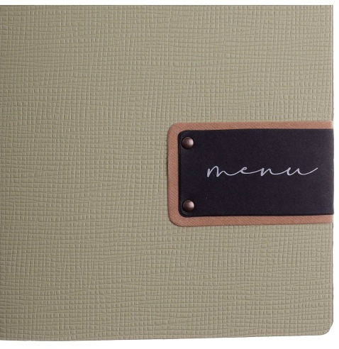 Porta Menu A4 SLIM (17,4x31,8 cm) etichetta PATCH "menu" 2 buste (4 facciate) elastico nero CHEF SALVIA
