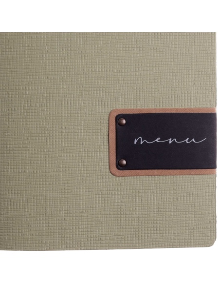 Porta Menu A4 SLIM (17,4x31,8 cm) etichetta PATCH "menu" 2 buste (4 facciate) elastico nero CHEF SALVIA