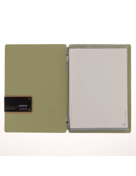 Porta Menu A5 (16,5x23,1 cm) etichetta PATCH "menu" 2 buste (4 facciate) elastico nero CHEF SALVIA
