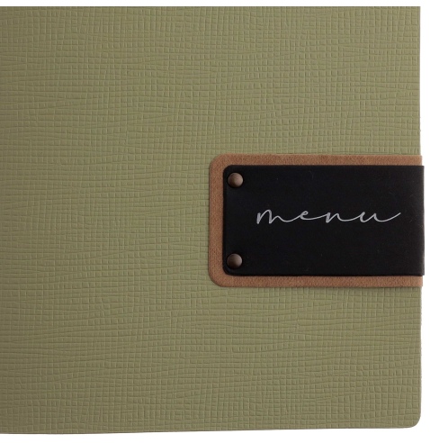 Porta Menu A5 (16,5x23,1 cm) etichetta PATCH "menu" 2 buste (4 facciate) elastico nero CHEF SALVIA