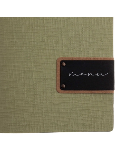 Porta Menu A5 (16,5x23,1 cm) etichetta PATCH "menu" 2 buste (4 facciate) elastico nero CHEF SALVIA