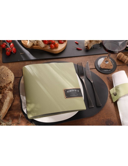 Porta Menu QUADRATO (23x23,1 cm) etichetta PATCH "menu" 2 buste (4 facciate) elastico nero CHEF SALVIA