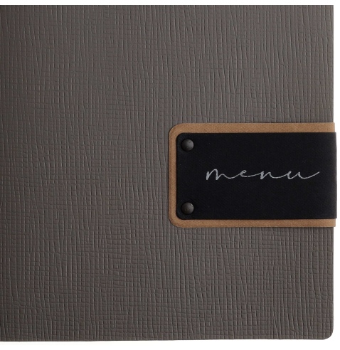 Porta Menu A4 SLIM (17,4x31,8 cm) etichetta PATCH "menu" 2 buste (4 facciate) elastico nero CHEF TORTORA