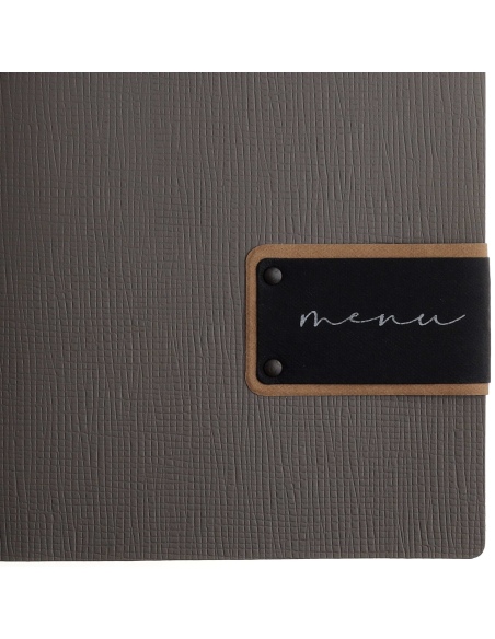 Porta Menu A4 SLIM (17,4x31,8 cm) etichetta PATCH "menu" 2 buste (4 facciate) elastico nero CHEF TORTORA