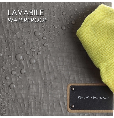 Porta Menu A4 SLIM (17,4x31,8 cm) etichetta PATCH "menu" 2 buste (4 facciate) elastico nero CHEF TORTORA