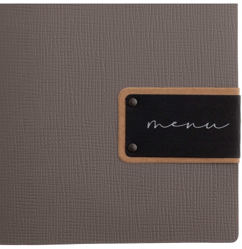 Porta Menu A5 (16,5x23,1 cm) etichetta PATCH "menu" 2 buste (4 facciate) elastico nero CHEF TORTORA
