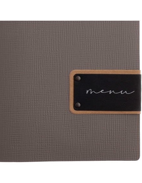 Porta Menu A5 (16,5x23,1 cm) etichetta PATCH "menu" 2 buste (4 facciate) elastico nero CHEF TORTORA
