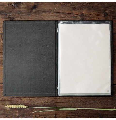 Porta Menu GOURMET A4 (23,2x32 cm) - 2 buste (4 facciate) elastico nero - scritta menu - colore NERO