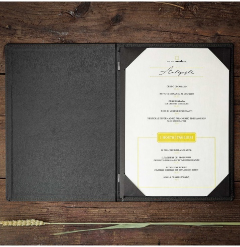 Porta Menu GOURMET A4 (23,2x32 cm) - cornicetta (4 facciate) - scritta menu - colore NERO