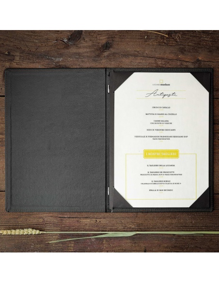 Porta Menu GOURMET A4 (23,2x32 cm) - cornicetta (4 facciate) - scritta menu - colore NERO