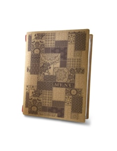 Porta Menu CUSTOM A5 (16,5x23,1 cm) "PATCHWORK menu" 2 buste (4 facciate) elastico rosso ECO NATURALE sp. 0.6