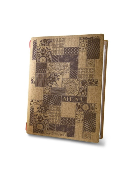 Porta Menu CUSTOM A5 (16,5x23,1 cm) "PATCHWORK menu" 2 buste (4 facciate) elastico rosso ECO NATURALE sp. 0.6