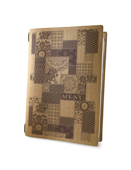 Porta Menu CUSTOM A4 (23,2x31,8 cm) "PATCHWORK menu" 2 buste (4 facciate) elastico rosso ECO NATURALE sp. 0.6