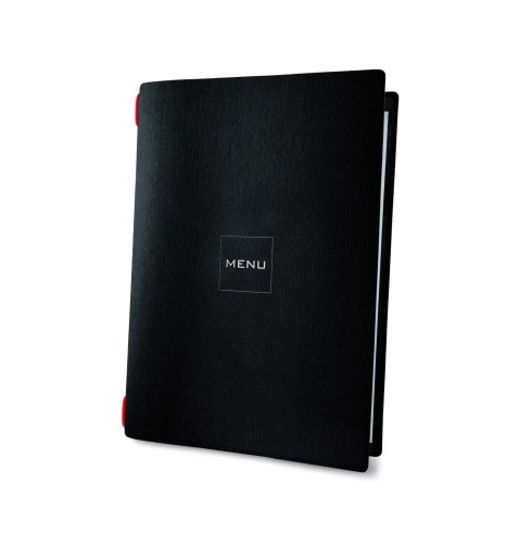 Porta Menu CUSTOM A5 (16,5x23,1 cm) "MINIMAL BLACK" 2 buste (4 facciate) elastico rosso ECO NERO sp. 0.6