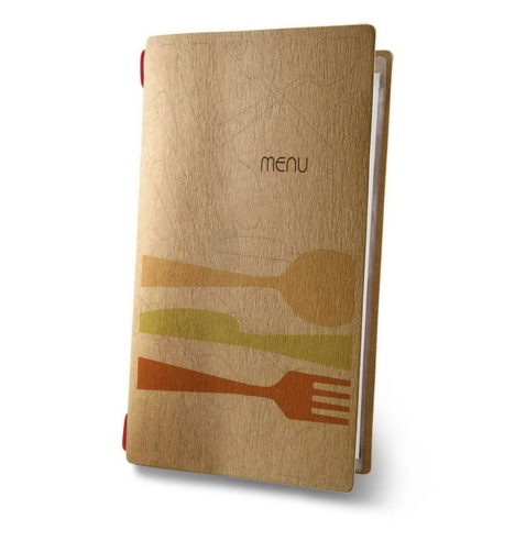 Porta Menu CUSTOM A4 SLIM (17,4x31,8 cm) "FANTASY menu" 2 buste (4 facciate) elastico rosso ECO NATURALE sp. 0.6