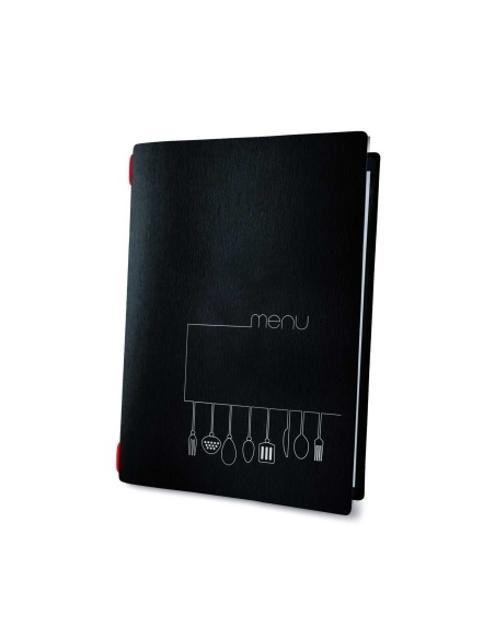 Porta Menu CUSTOM A5 (16,5x23,1 cm) "KITCHEN" 2 buste (4 facciate) elastico rosso ECO NERO sp. 0.6