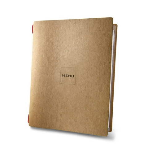 Porta Menu CUSTOM A5 (16,5x23,1 cm) "MINIMAL NATURAL menu" 2 buste (4 facciate) elastico rosso ECO NATURALE sp. 0.6